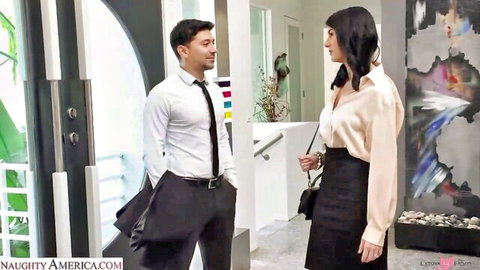 Brunette MILF in sheer blouse faces her handsome Asian boss in office flirt