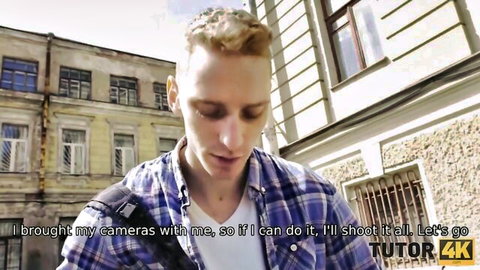 Blonde Russian tutor in plaid shirt outdoors, ready for 4K filming