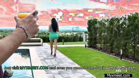 Aletta Ocean in turquoise mini dress teasing by poolside