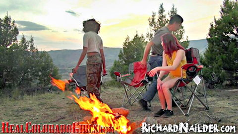 Richard Nailder's outdoor audition with curvy women around campfire at sunset