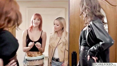 Sexy redhead, blonde and brunette babes chatting in doorway wearing tight tops and leather jackets