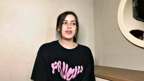 Hot brunette babe in oversized Franzy t-shirt opens mouth wide teasing cock sucking in bathroom