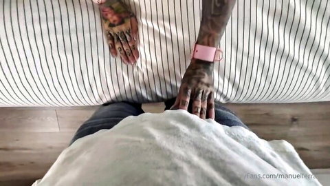 Tattooed man spreads thick white ass cheeks covered in fabric POV on bed