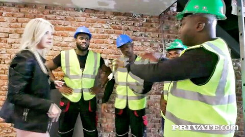 Nathaly Cherie with black construction workers in interracial gangbang tease