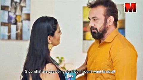Curvy South Asian MILF in green saree pleads 'stop what you're doing' to bearded man grabbing her arm in taboo scene