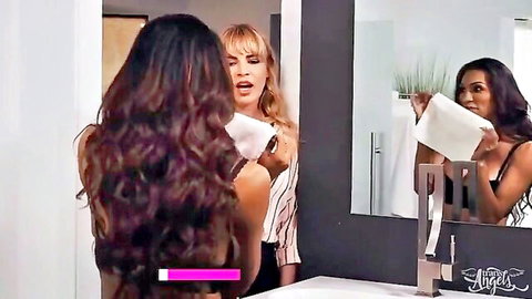 Two curvy brunettes and blonde in steamy bathroom mirror tease