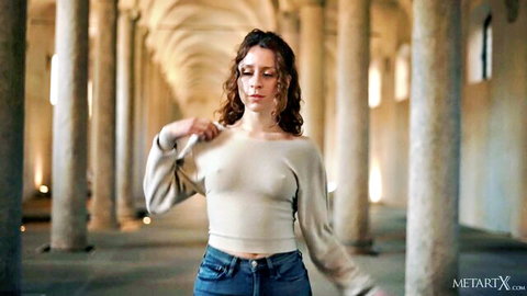 Arden Tate exposes breast in off-shoulder sweater, castle casting tease