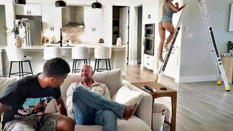 Victoria Lit BBW climbs ladder in short dress, teasing two men in gangbang setup