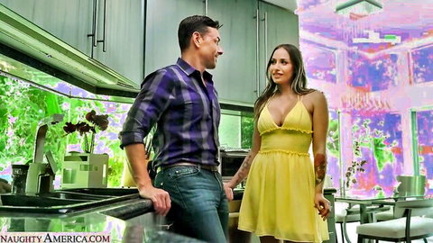 Desiree Dulce in sexy yellow dress with handyman in flirty kitchen tease