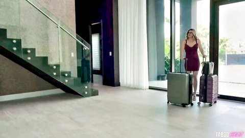 Cory Chase in tight red dress with luggage, teasing stepmom vibe