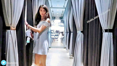 VicaTS in sexy light blue off-shoulder dress in elegant hallway