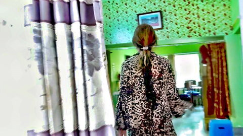 Desi stepmom in leopard coat walking away, teasing tight ass