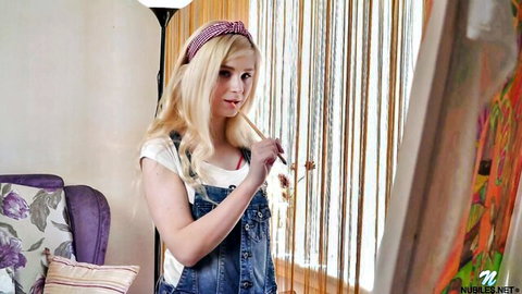 Violetta V blonde tease in denim overalls and tank top, big boobs hint