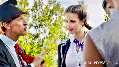 Old man in suit points at smiling petite schoolgirl in uniform outdoors teasing rough sex