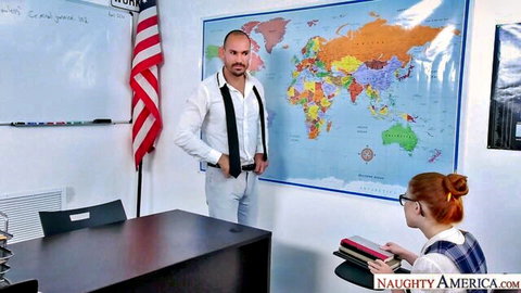 Dolly Tiny as redhead schoolgirl in uniform with bald instructor in classroom