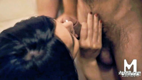 Asian MILF giving intense blowjob in steamy shower scene