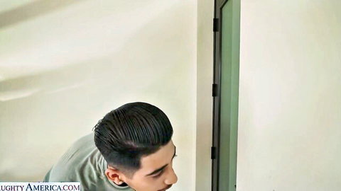 Asian boyfriend with slicked hair watches busty GF's intense blowjob