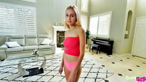 Alicia Williams blonde petite in red tube top and pink panties teasing