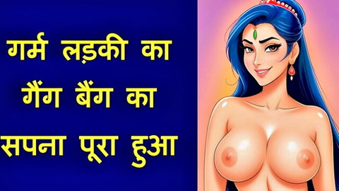 Animated Desi Indian aunty with big breasts in village girl gangbang fantasy