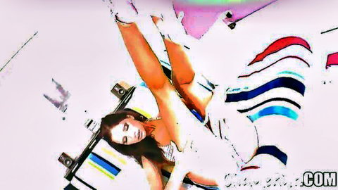 Brunette babe legs up high exposing shaved pussy and ass in orgasmic solo pose