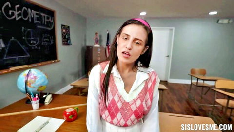 Pouty teacher in argyle sweater vest teases in geometry classroom