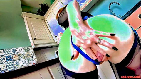 Ebony housewife bubble butt grabs ass inserting blue dildo in pussy kitchen POV
