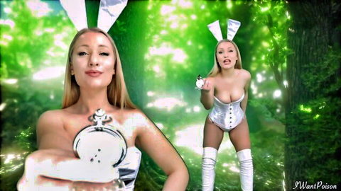 Blonde bunny girl in shiny white corset exposes massive tits holding hypnotic pocket watch in green forest