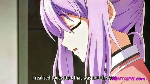 Purple-haired anime hentai girl with teary eyes and flushed cheeks in closeup
