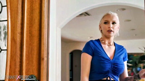 Kenzie Taylor in sexy blue top, blonde MILF teasing for hot lesbian toy action