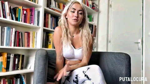 Lisi Kitty blonde model in white crop top and pants, seductive solo pose