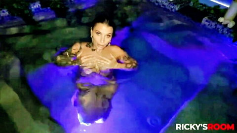Ivy Lebelle wet and nude in hot tub, covering big tits seductively