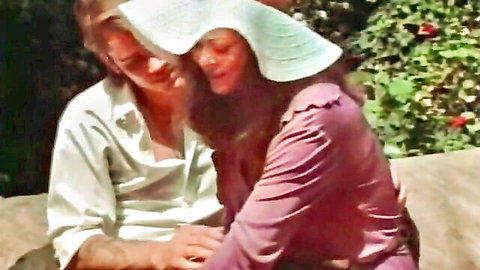 Mona the Virgin Nymph in vintage embrace with lover outdoors