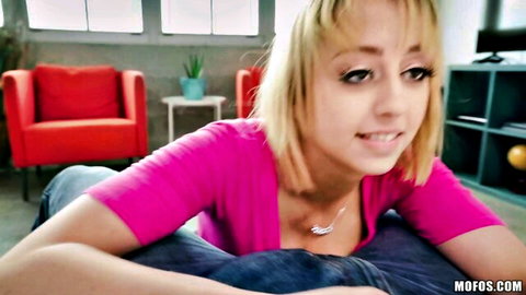 Blonde Marilyn Mansion teases in pink top, POV close-up smile