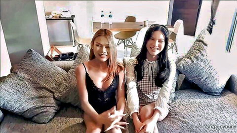 Ponybuny & Ginasexyladyboy in sexy lingerie and blouse for wild threesome