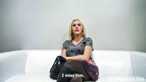 Blonde in first casting session, emotional closeup in polka dot top and skirt with stockings