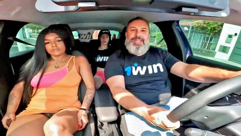 Sexy brunette Latina babes in skimpy dresses teasing thighs in car with bearded driver