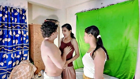 Brunette stepsisters chatting with guy in casual tank tops, teasing threesome preview