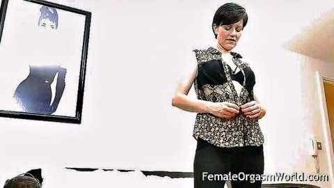 Olivia G in open lace vest teasing natural cleavage and curves
