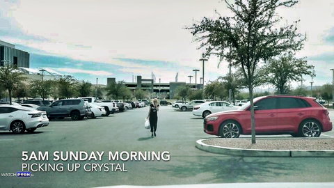 Woman walking through empty parking lot at 5AM Sunday morning picking up Crystal