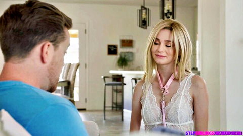 Blonde stepsister in pink leash lingerie begs for pet play with stepbrother