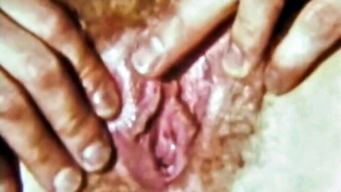 Retro close-up of hairy pussy spread wide in vintage porn scene