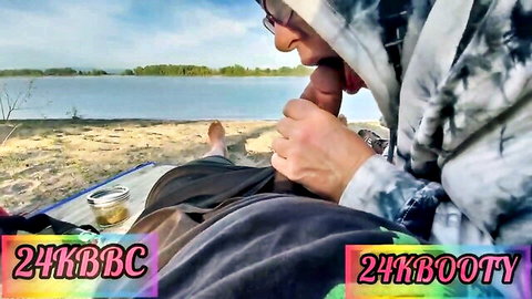 Kinky granny slurps massive BBC outdoors with big tits exposed