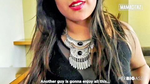 Brunette Latina babe with sexy necklace and red lips teasing her big ass for another guy