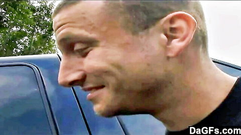 Amateur man smiling in outdoor profile near car, teasing wet pussy action
