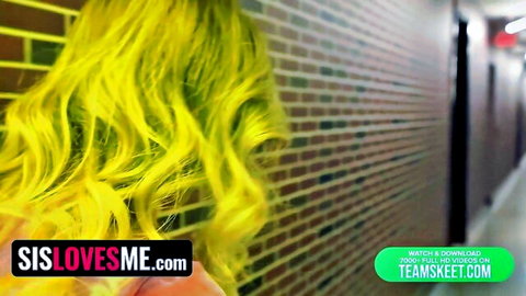 Neon yellow-haired stepsister walks seductively in brick hallway for taboo fuck