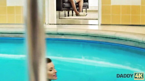 Curvy fair redhead teen in pool teases watching DILF stepdad with huge tits cleavage