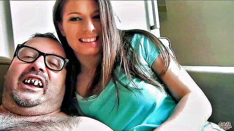 Hot Czech babe in blue top embracing chubby partner in amateur video