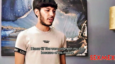 Young Latino guy in t-shirt confronts golddigger girlfriend over fucking his dad for money in cuckold scene