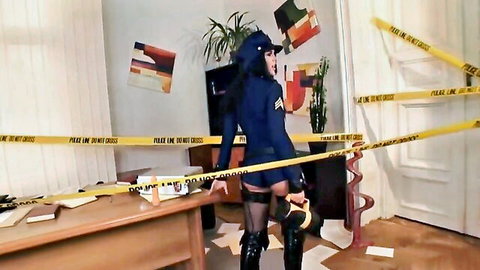 Madison Parker bends over in tight blue mini dress, stockings, and boots
