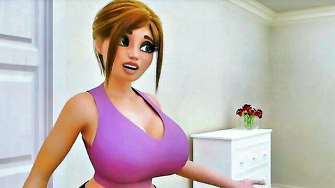 Cartoon futanari babe with tattoos and big breasts in purple tank top